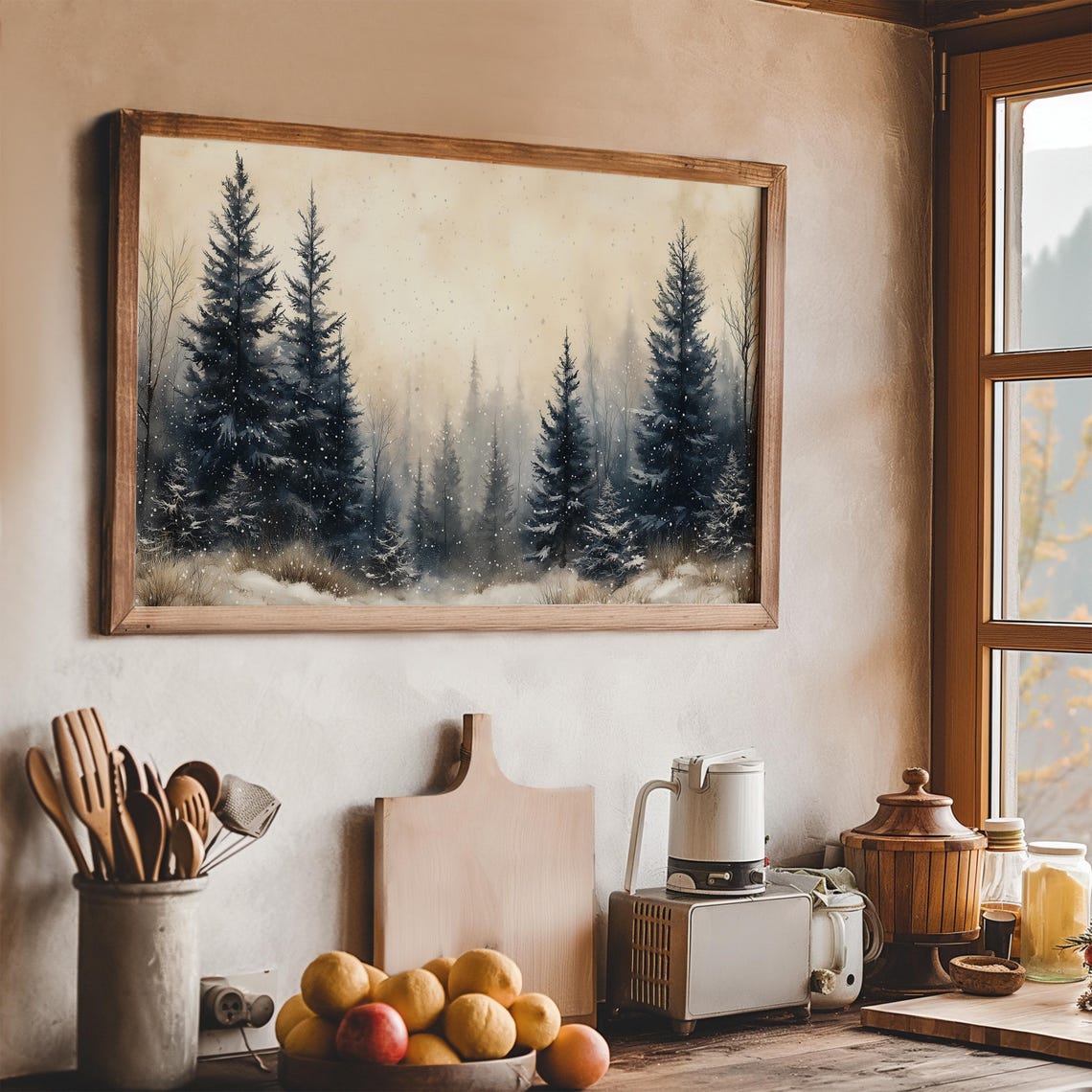 Misty Snowy Pine Forest Frame TV Art Winter Trees Falling Snow Poster - Image 3