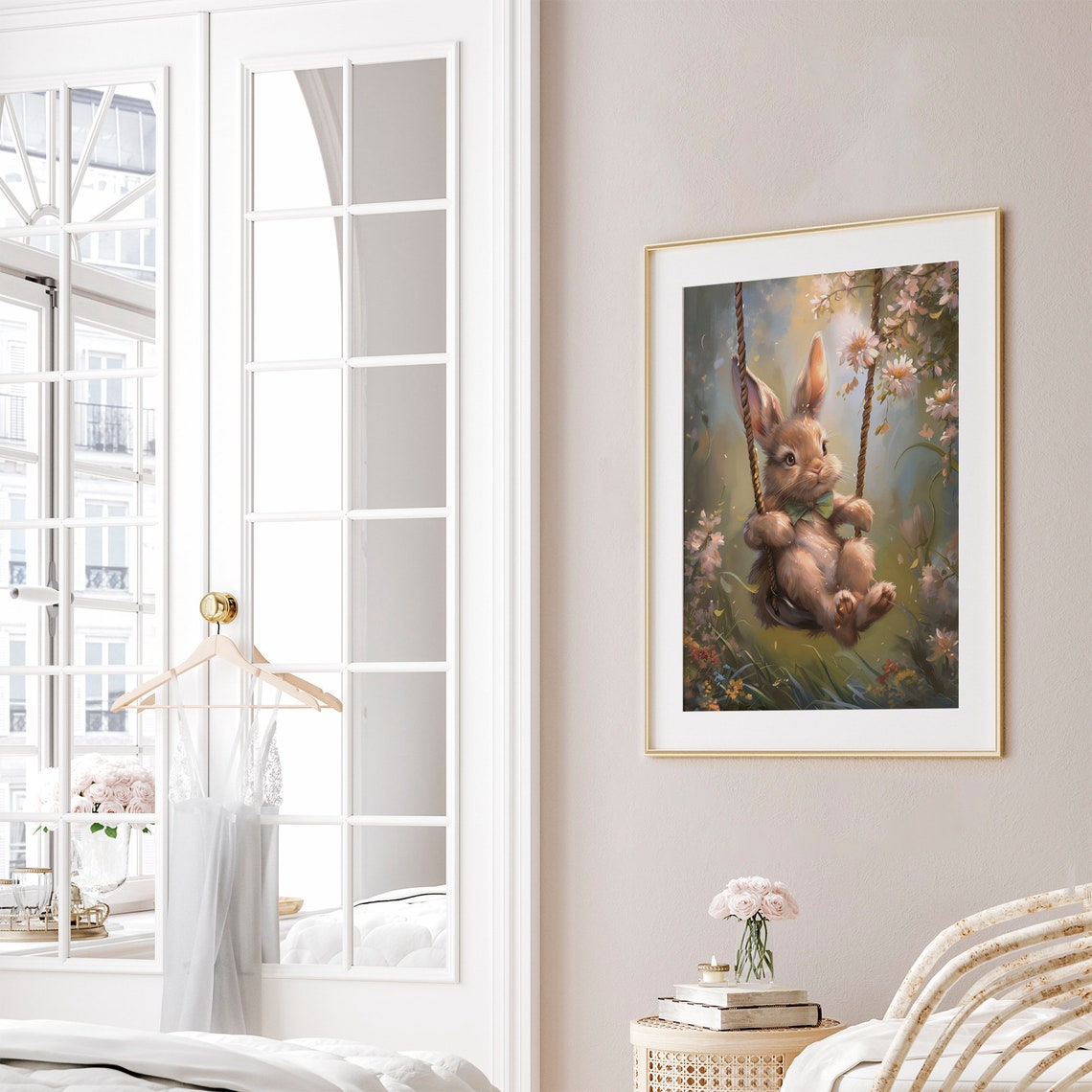 Vintage Cute Swinging Easter Bunny Print Spring Rabbit Wall Art Nursery Dcor Kids Room Dcor Antique Bunny Painting - Image 4
