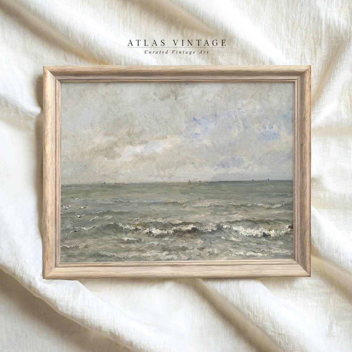 Gray Ocean Seascape With Gulls And Distant Sails Cloudy Sky Poster