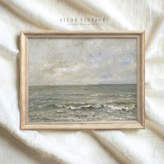 Gray Ocean Seascape With Gulls And Distant Sails Cloudy Sky Poster