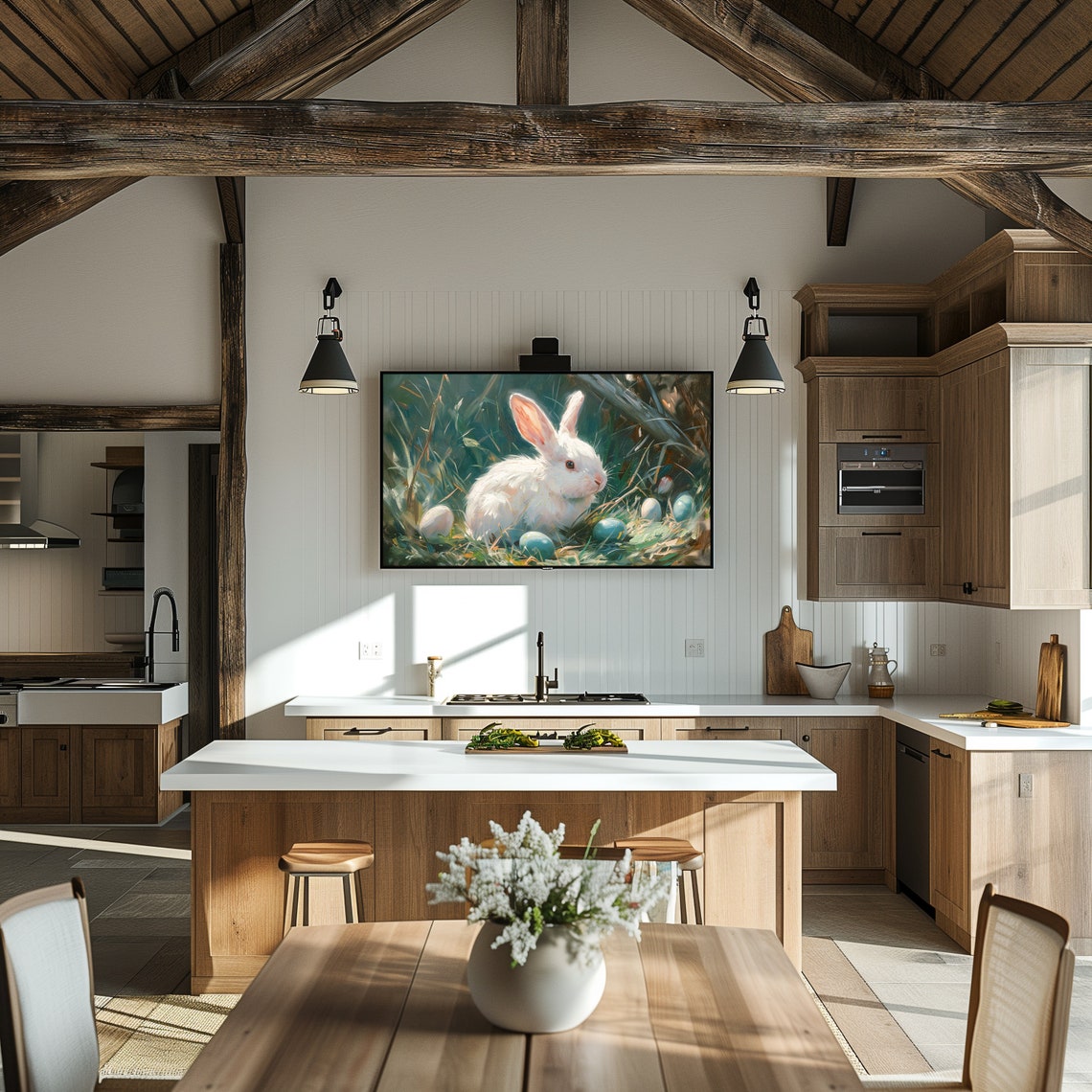 White Easter Bunny with Painted Eggs Spring Meadow Painting Poster - Image 5