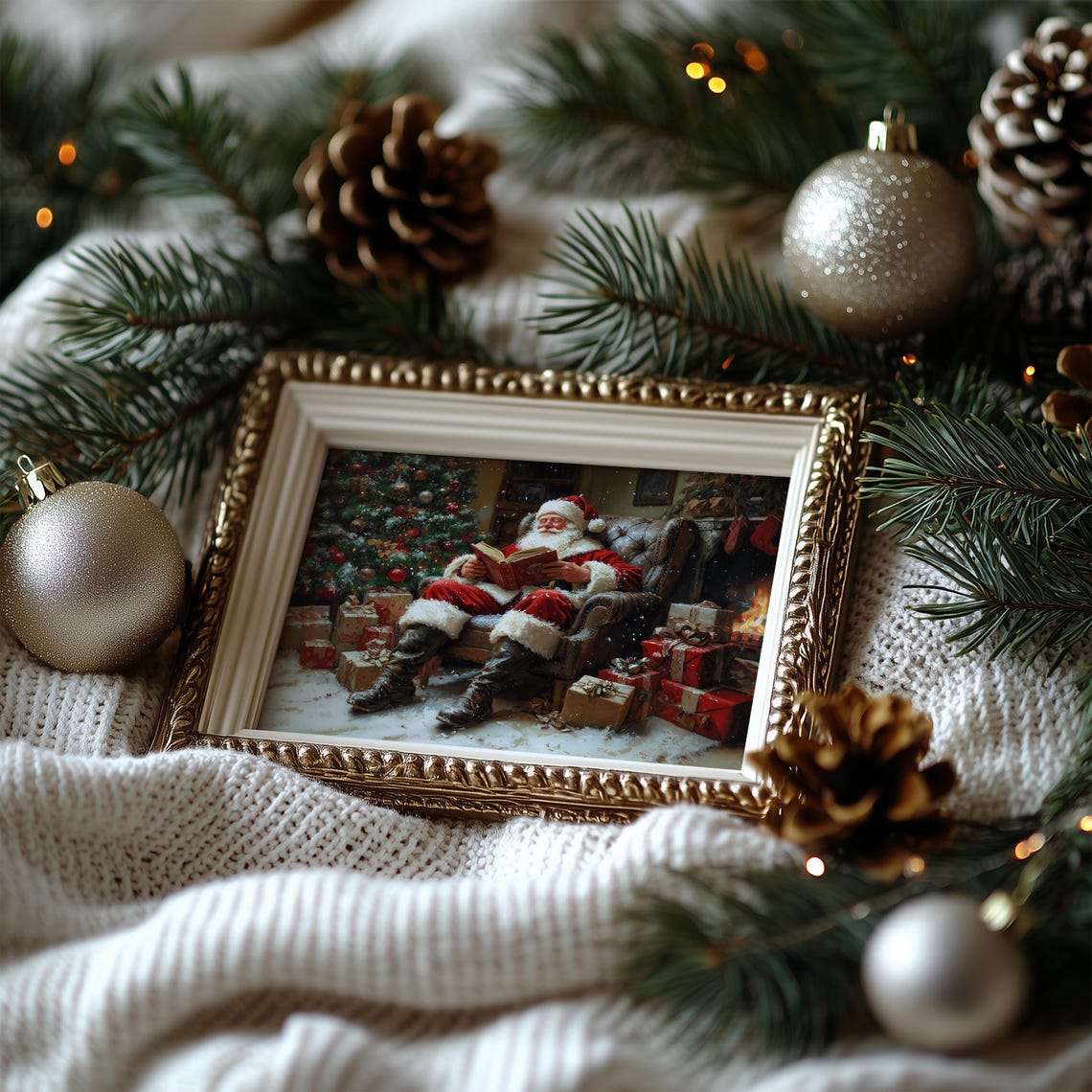 Santa Claus Reading by Fireplace Cozy Vintage Christmas Poster - Image 7