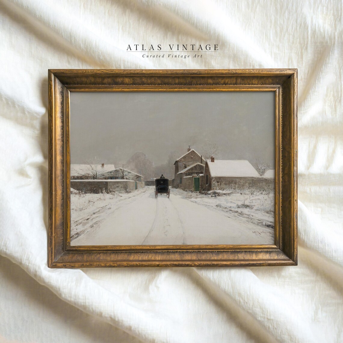 Horse Drawn Carriage on Snowy Village Street Vintage Winter Poster