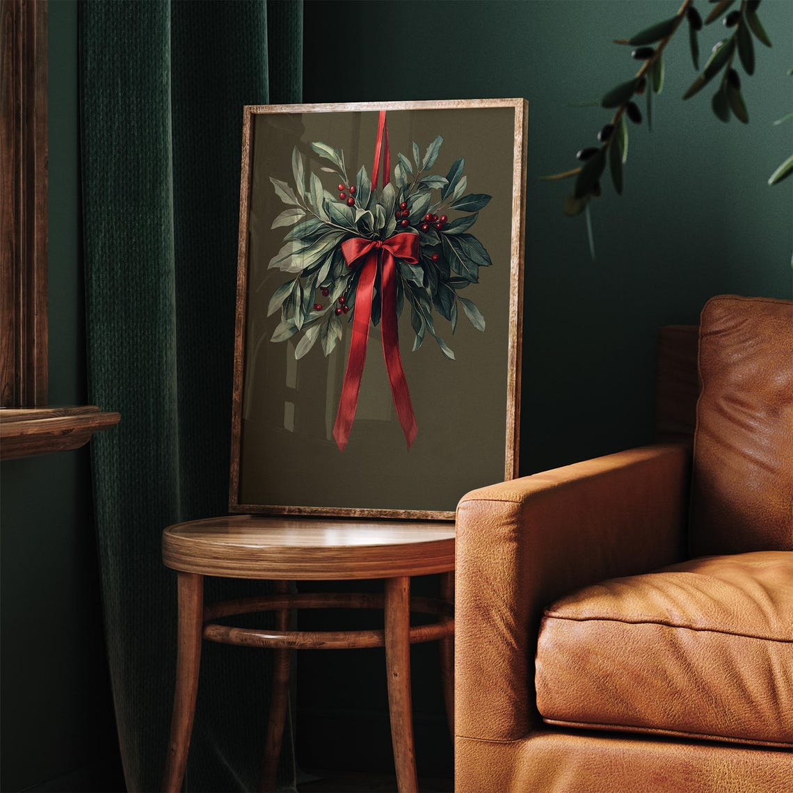 Christmas Mistletoe With Red Ribbon on Olive Green Holiday Poster - Image 5