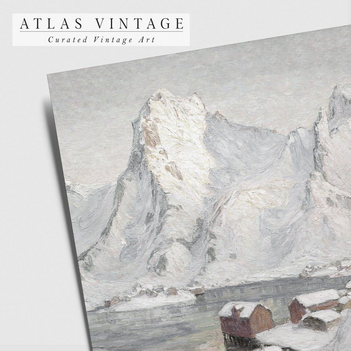 Vintage Snowy Mountain Cabins Winter Lake Antique Painting Poster - Image 3