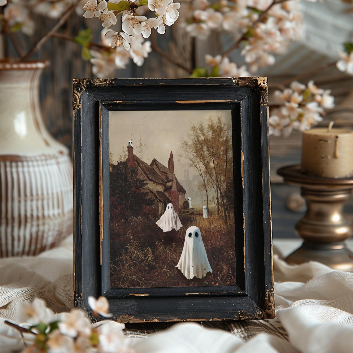 Cute Sheet Ghosts Before Autumn Cottage Spooky Fall Landscape Poster - Image 6