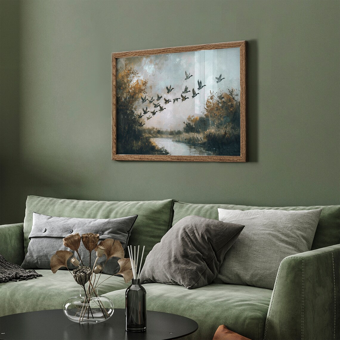 Vintage Geese Flying Over Lake Autumn Birds in Flight Sunset Art Poster - Image 3