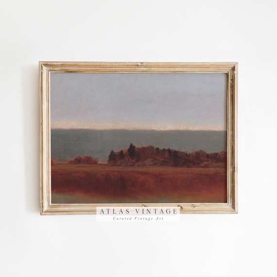Rust Red Autumn Meadow Dusk Treeline Vintage Rustic Landscape Painting Poster