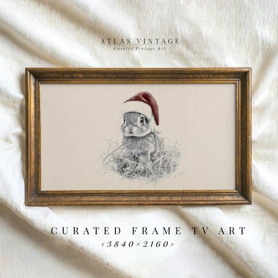 Baby Rabbit In Santa Hat Sketch Frame Tv Art Nursery Christmas Decor Cute Hare Drawing Frame Tv Vintage Animal Xmas Screensaver