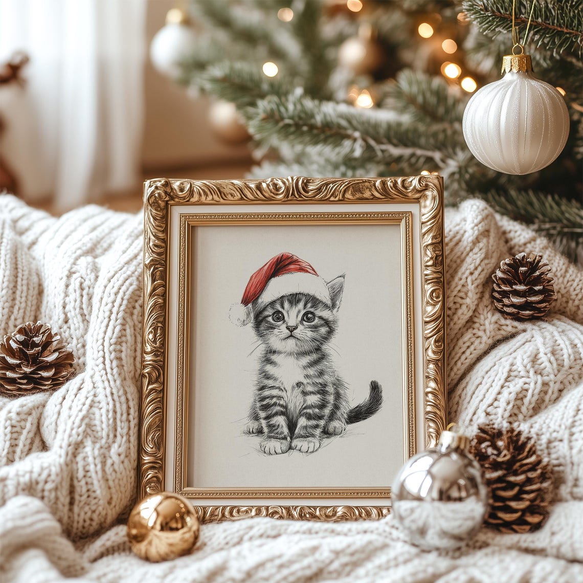Kitten in Santa Hat Sketch Cute Tabby Cat Christmas Drawing Poster - Image 6