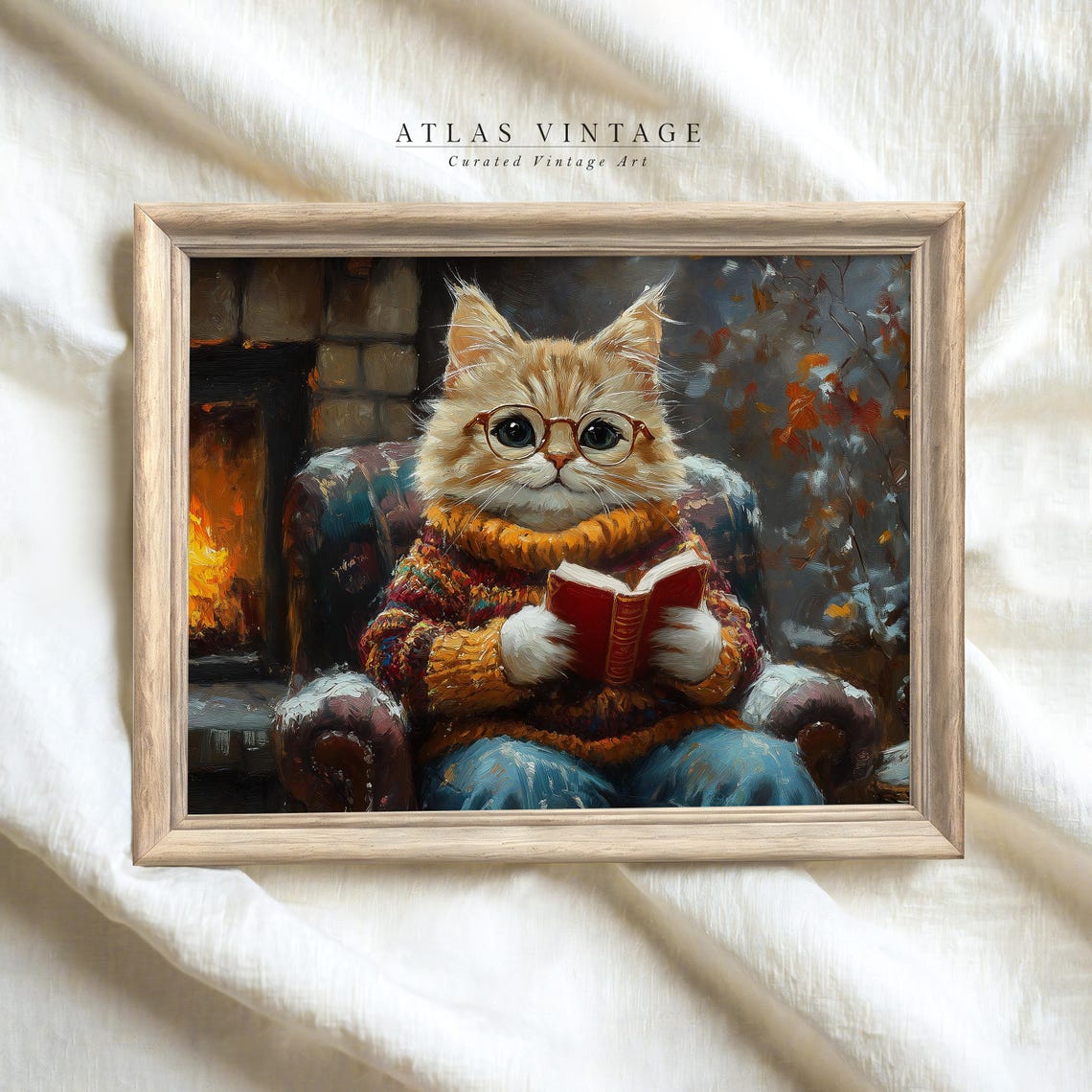 Cute Kitten Reading Book Poster Cozy Winter Fireplace Cat Art - Image 4