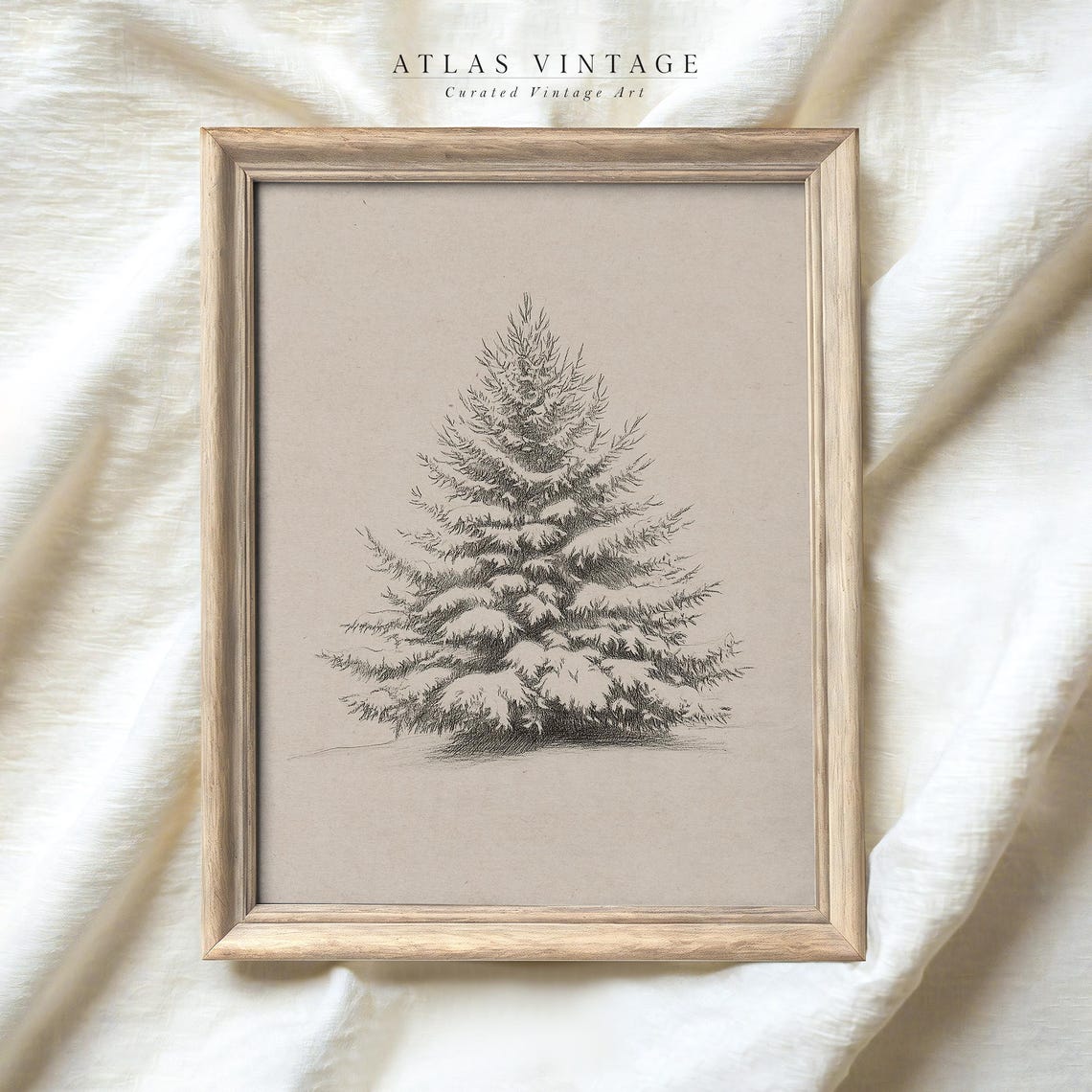 Snow Covered Pine Tree Pencil Sketch Minimal Winter Drawing Poster