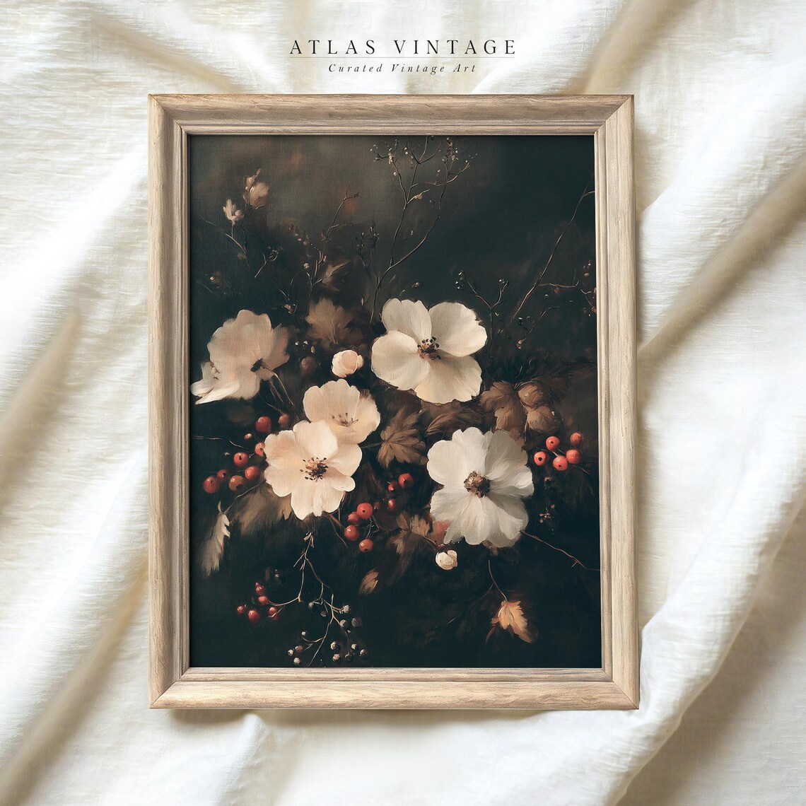 Dark Moody Winter Flower Painting Poster Vintage Christmas Floral - Image 3
