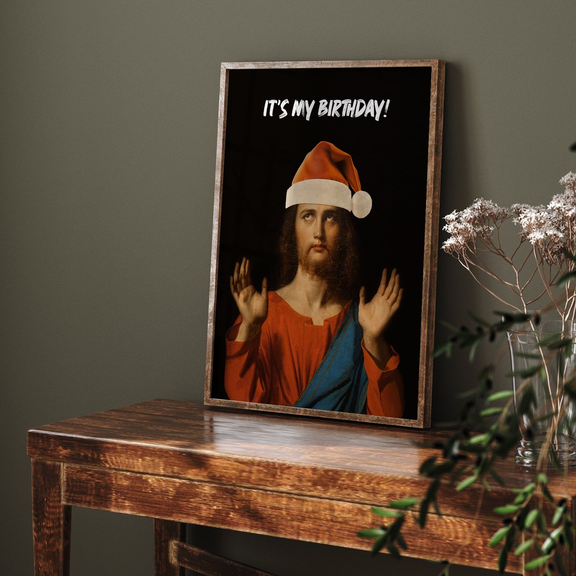 Funny Jesus Birthday Altered Painting Santa Hat Christmas Poster - Image 7