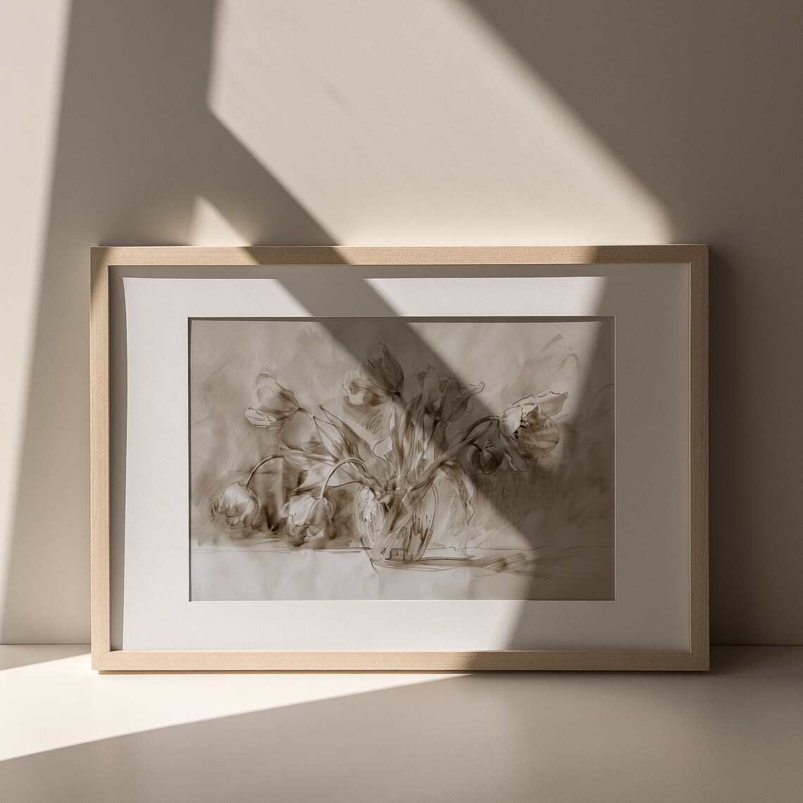 Sepia Tulips Vase Soft Sketch Lines Minimalist Vintage Floral Drawing Poster - Image 5