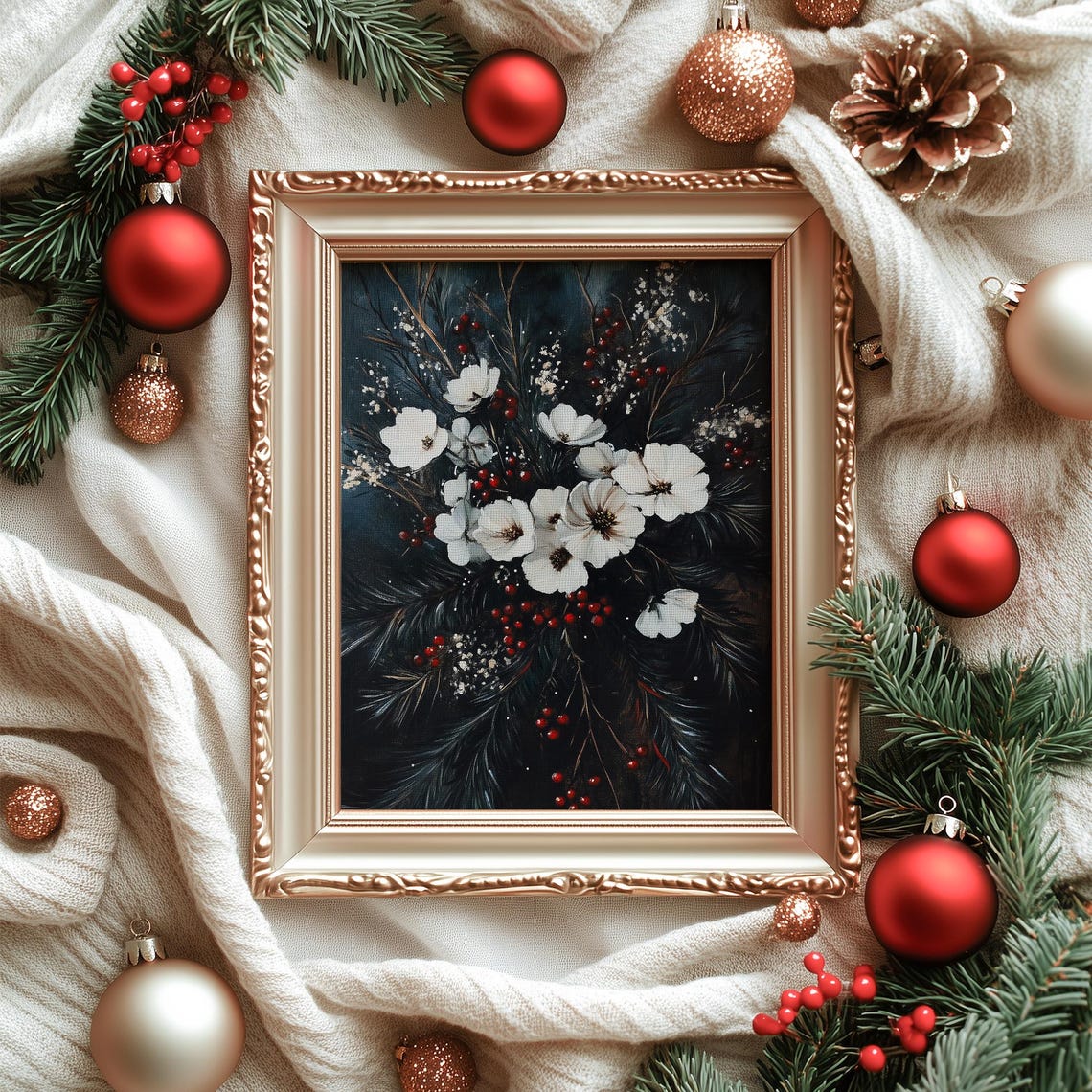 Dark Moody Winter Florals White Blooms Red Berries Evergreen Poster - Image 6