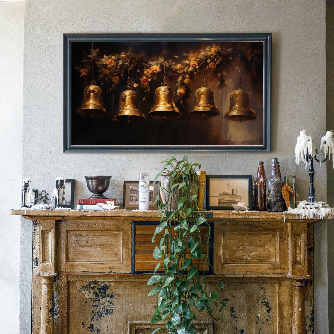 Five Antique Brass Bells with Floral Garland Dark Painting Poster - Image 4