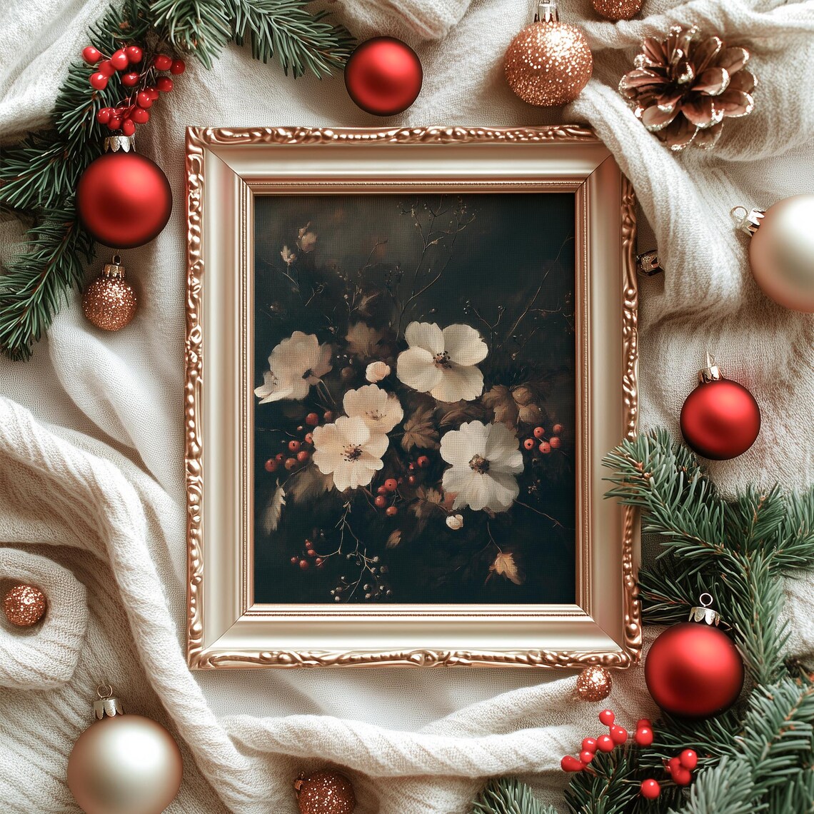 Dark Moody Winter Flower Painting Poster Vintage Christmas Floral - Image 7