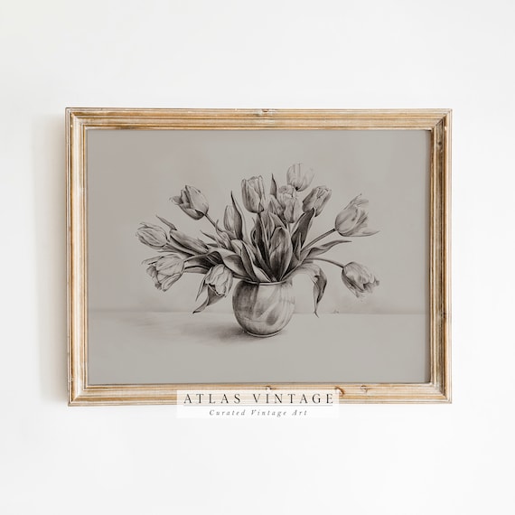 Vintage Tulip Bouquet Sketch Print Monochrome Pencil Drawing Neutral Floral Art