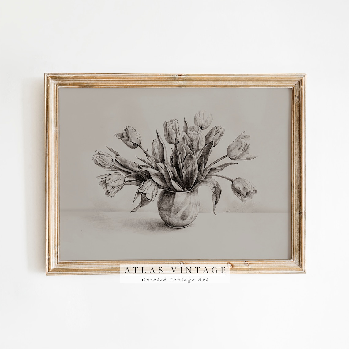 Vintage Tulip Bouquet Sketch Print Monochrome Pencil Drawing Neutral Floral Art