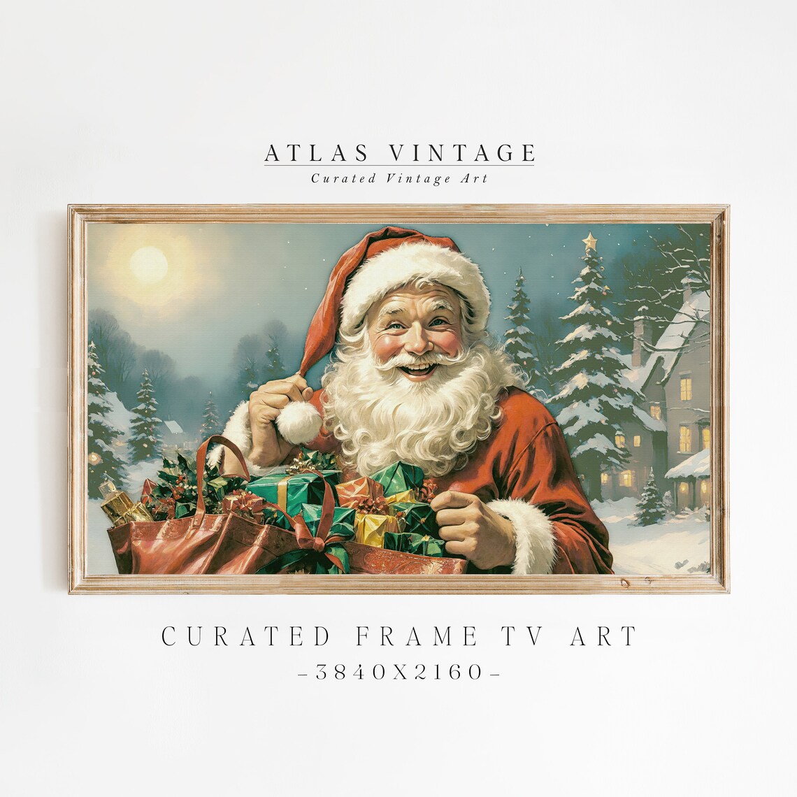 Jolly Santa Claus with Gift Sack Vintage Christmas Scene Poster