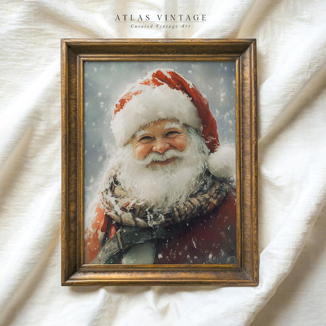 Santa Claus in Snow Close Up Vintage Holiday Portrait Poster