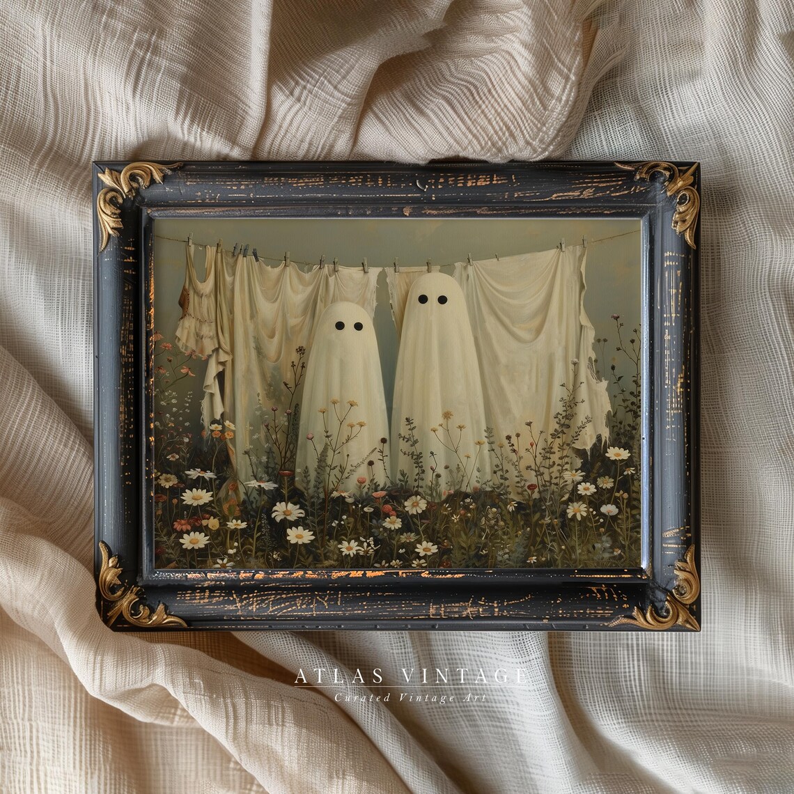 Cute Sheet Ghosts on Clothesline Halloween Wildflower Meadow Art Poster - Image 8