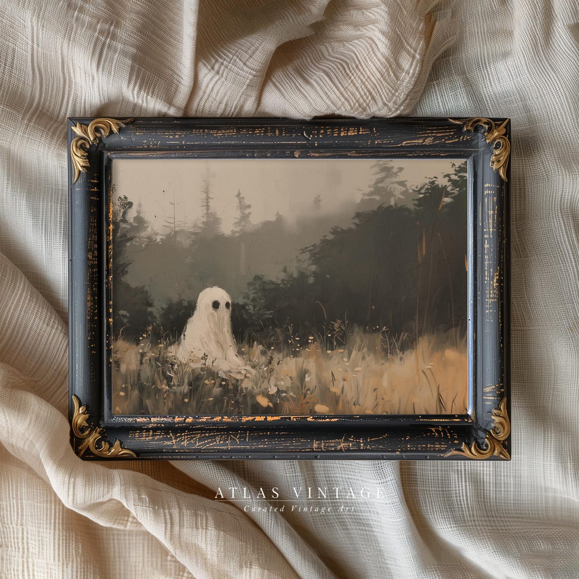 Halloween Ghost In Fall Wildflower Meadow Print Vintage Spooky Cute Ghost Wall Art Funny Halloween Autumn Decor - Image 7