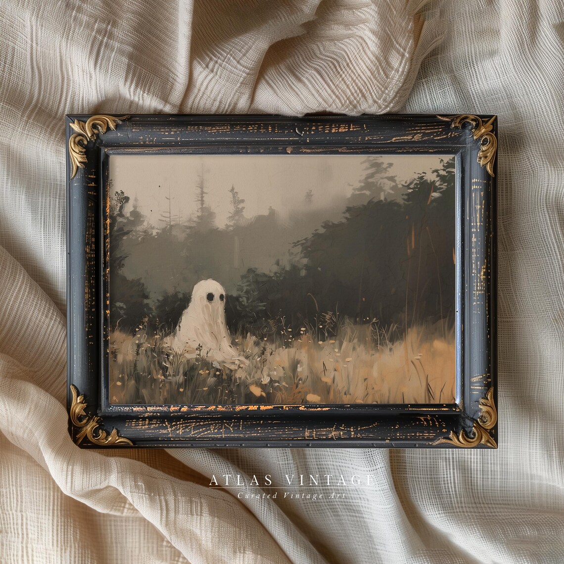 Lonely Ghost in Foggy Wildflower Meadow Vintage Halloween Moody Art Poster - Image 7