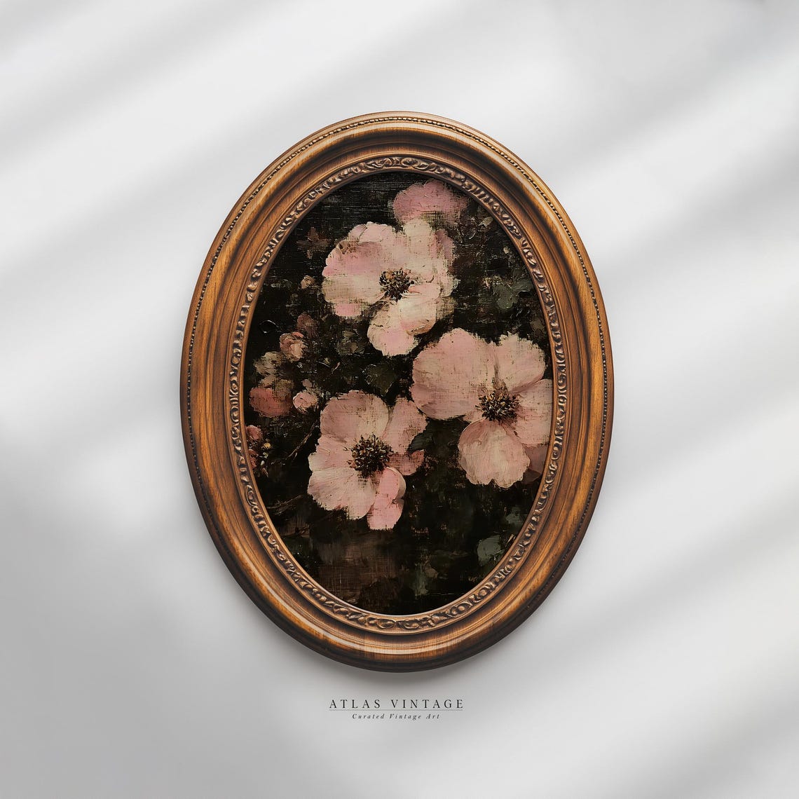 Vintage Pink Wild Roses Oval Frame Dark Botanical Flower Art Poster