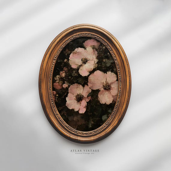 Vintage Moody Pink Flower Still Life Oil Painting Print Dark Academia Aesthetic Botanical Art Pastel Floral Renaissance Decor
