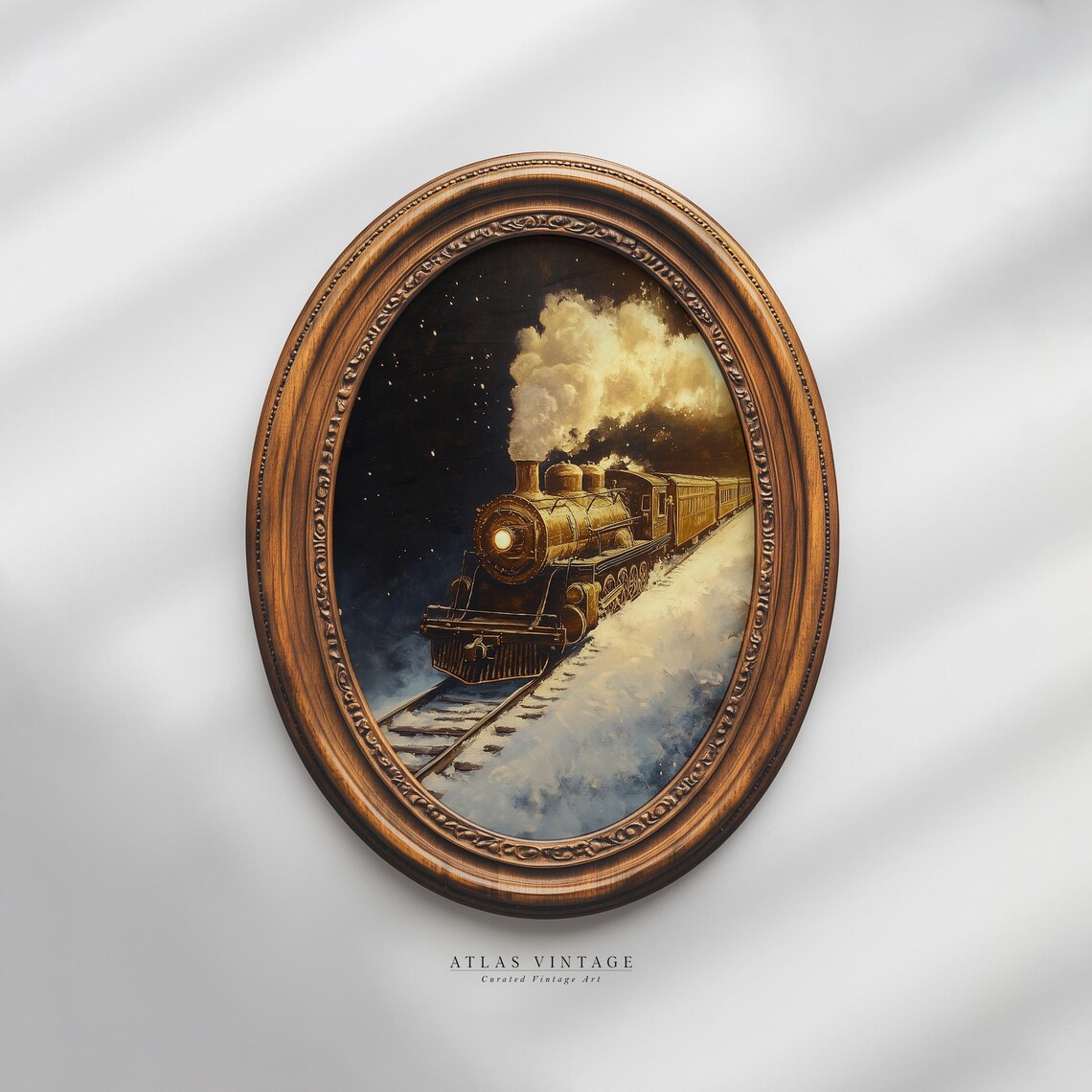 Vintage Golden Steam Train Night Poster Snowy Winter Railway Scene