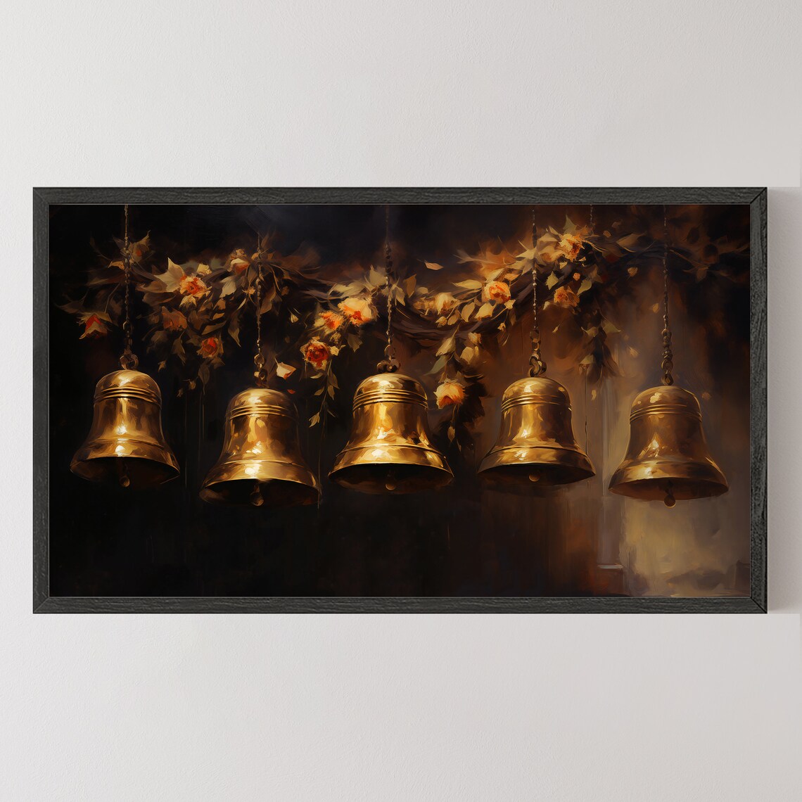 Five Antique Brass Bells with Floral Garland Dark Painting Poster - Image 5