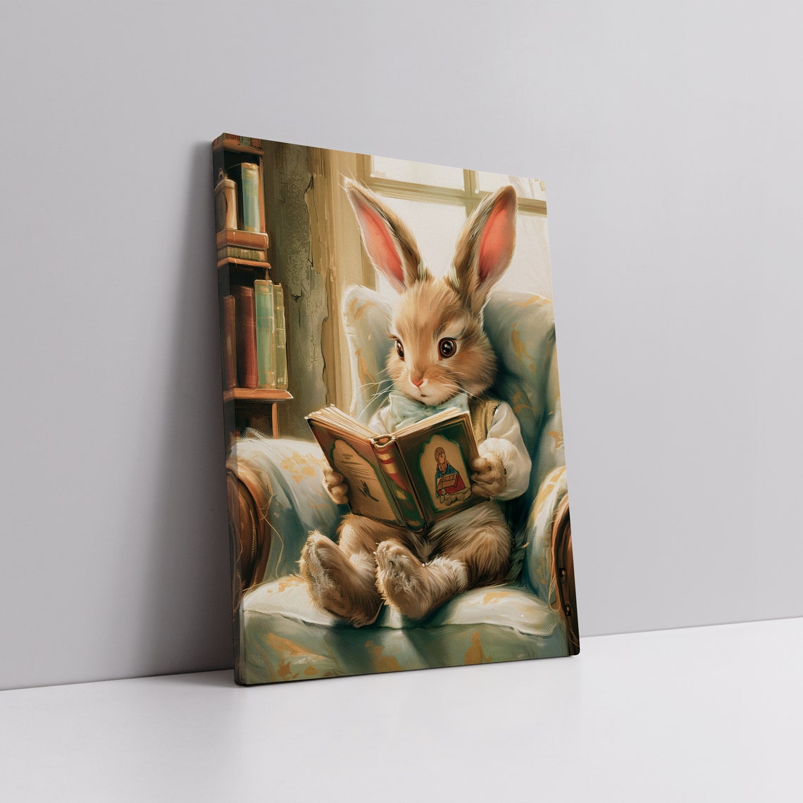Easter Bunny Reading A Book Print Vintage Spring Rabbit Wall Art Nursery Kids Room Dcor Antique Cute Bunny Painting - Image 4