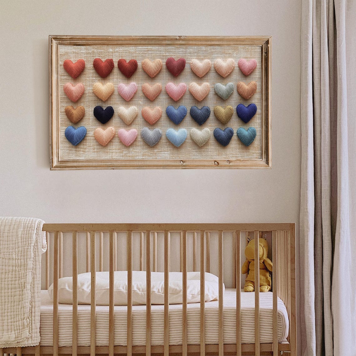 Colorful Embroidered Hearts Grid Linen Valentine Textile Art Poster - Image 3
