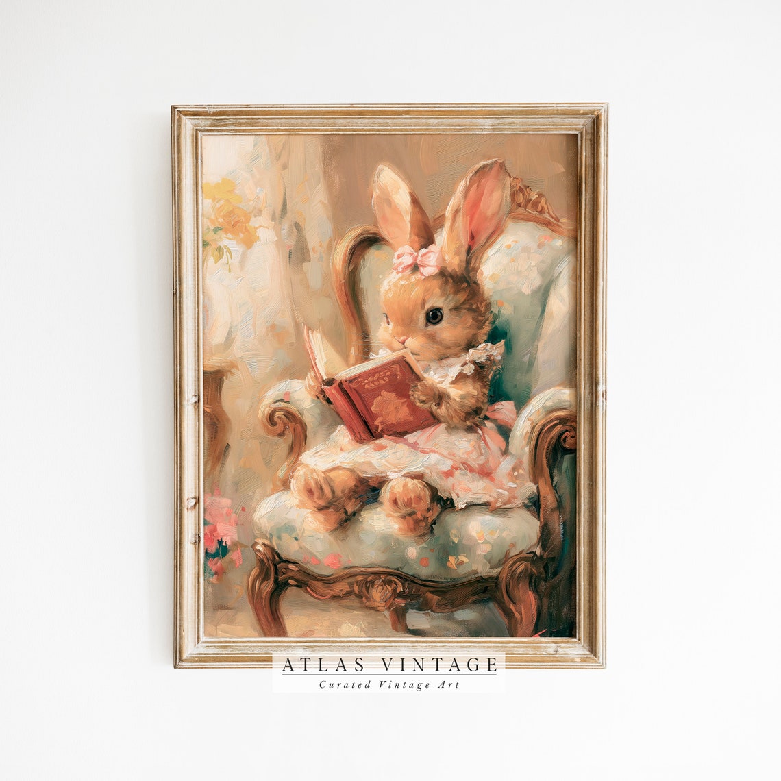 Easter Bunny Reading A Book Print Vintage Spring Rabbit Wall Art Nursery Kids Room Dcor Antique Cute Bunny Painting