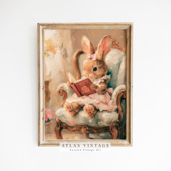 Easter Bunny Reading A Book Print Vintage Spring Rabbit Wall Art Nursery Kids Room Dcor Antique Cute Bunny Painting
