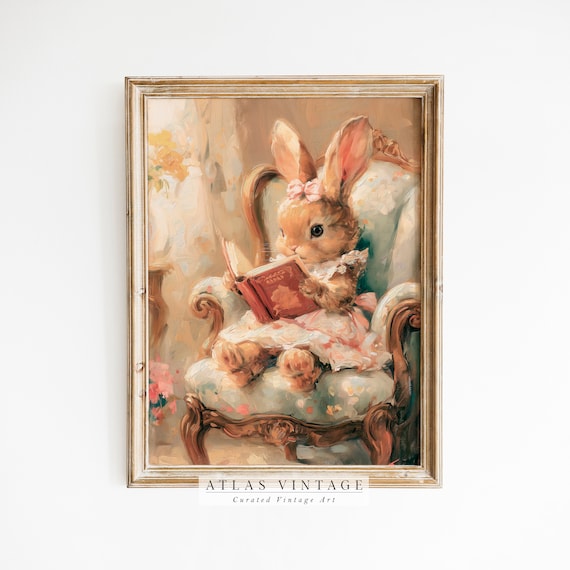 Vintage Bunny Reading a Book Print Cute Rabbit Oil Painting Nursery Wall Decor