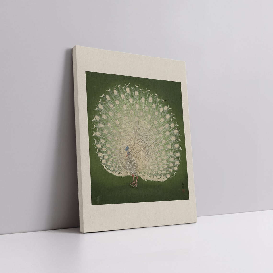 White Peacock with Fanned Tail on Green Japanese Style Poster - Image 5