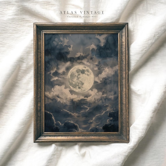 Full Moon in Cloudy Night Sky Dark Moody Lunar Painting Poster
