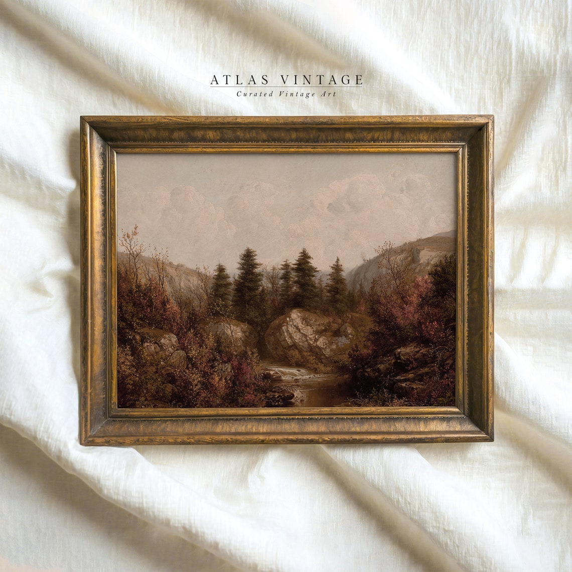 Vintage Autumn Pine Forest with Mountain Stream Landscape Poster