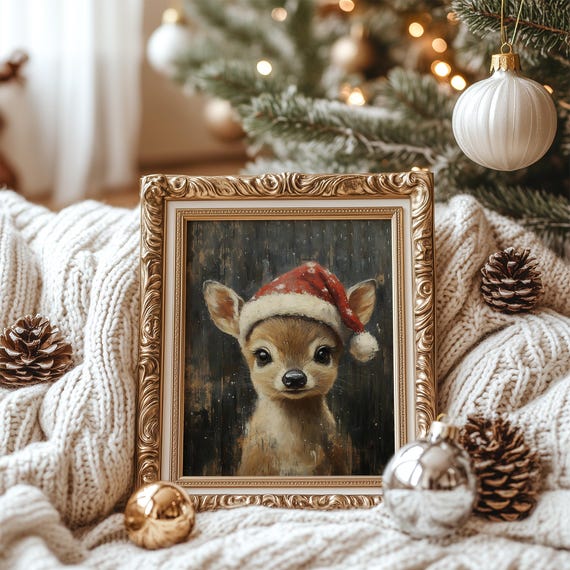 Vintage Christmas Baby Deer Print Cute Deer In Santa Hat Painting Print Winter Holiday Wall Art Xmas Festive Wall Decor