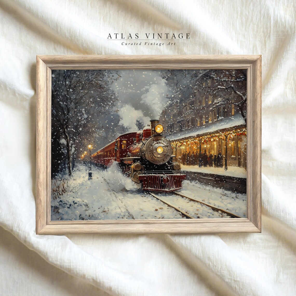 Christmas Express Train Snowy Railroad Station Winter Painting Poster - Image 6