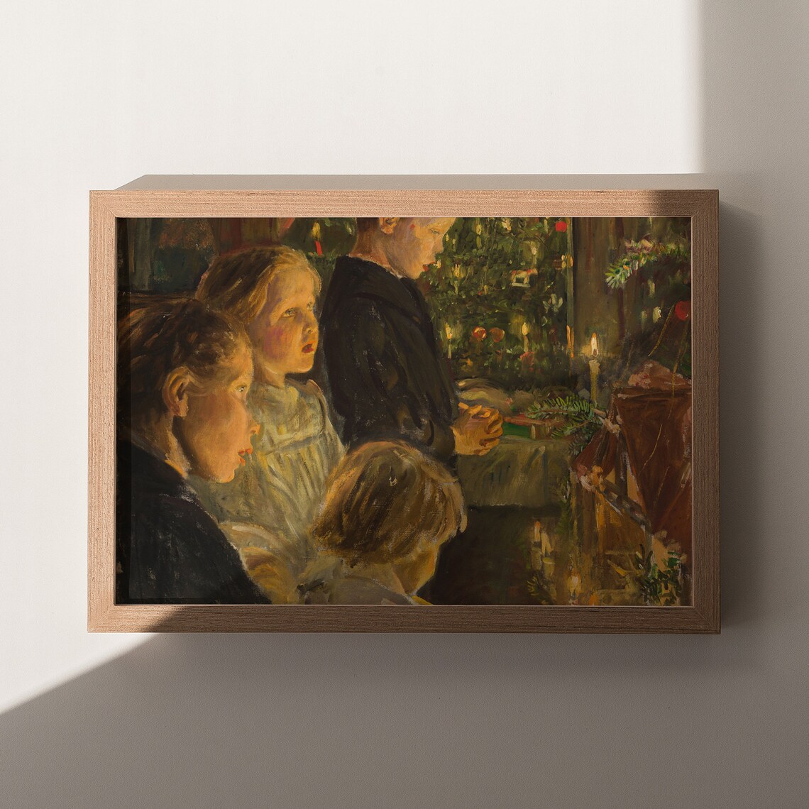 Children Around a Candlelit Christmas Table Vintage Holiday Oil Poster - Image 3