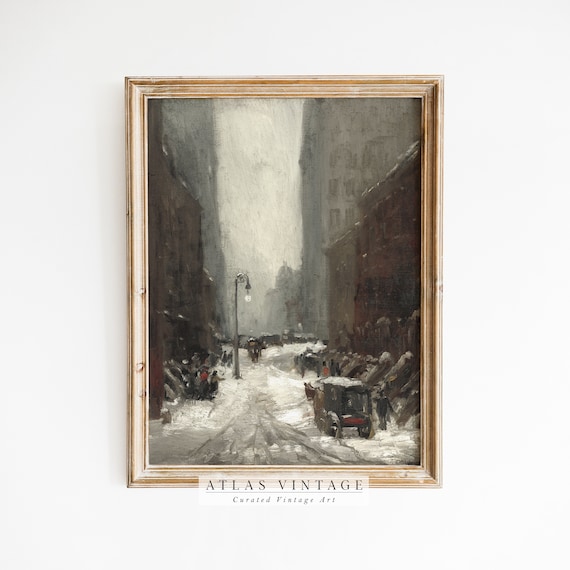 Snowy City Street Lamppost Winter Vintage Impressionist Poster