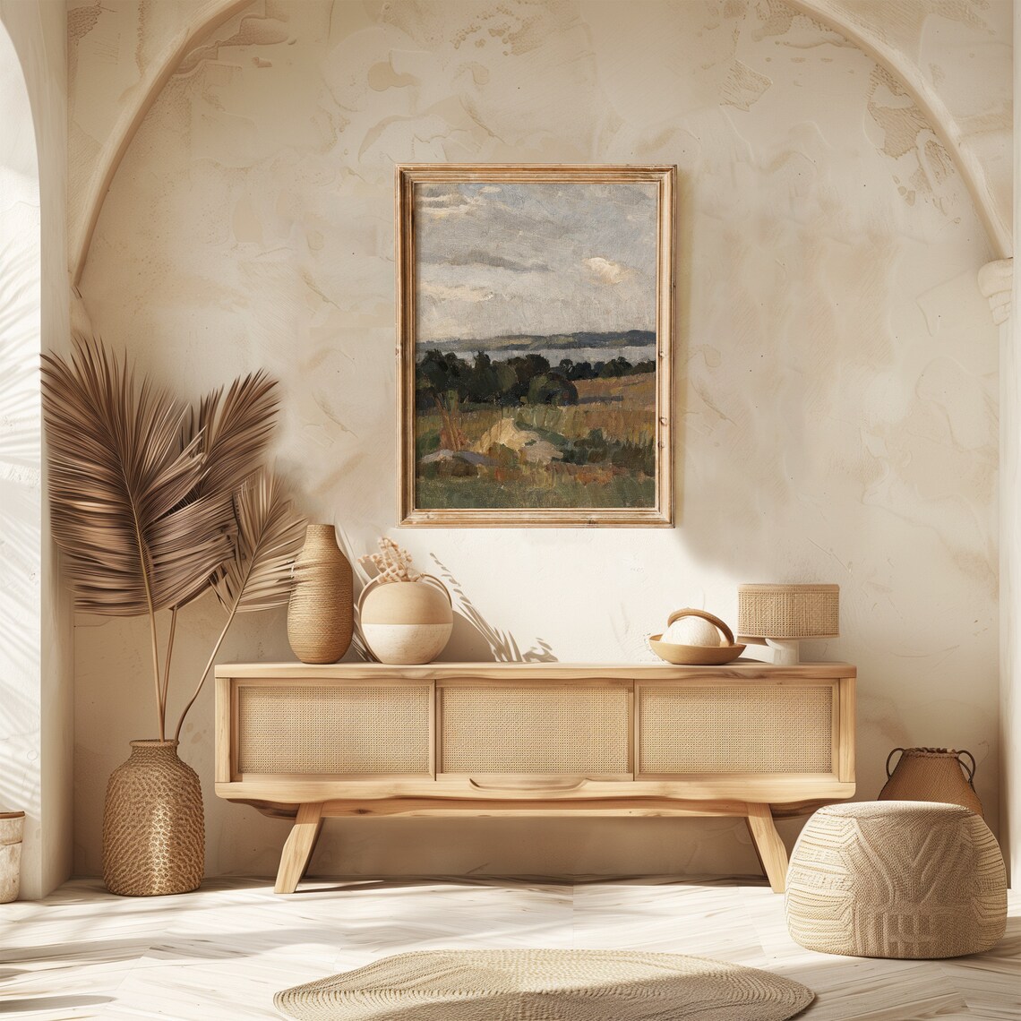 Summer River Valley Landscape Vintage Painting Cloudy Sky Rustic Nature Poster - Image 3