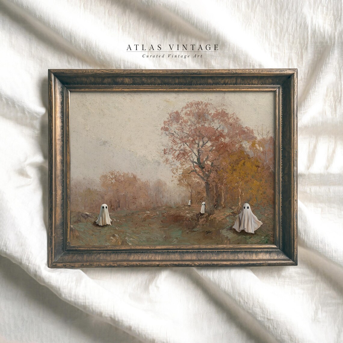 Four Sheet Ghosts Misty Autumn Field Rose Trees Soft Halloween Landscape Poster