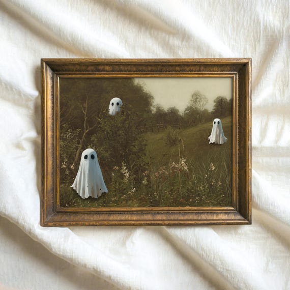 Vintage Halloween Ghosts Print Country Fall Landscape Decor Spooky Autumn Wall Art Cute Ghost Family In Dark Forest Painting
