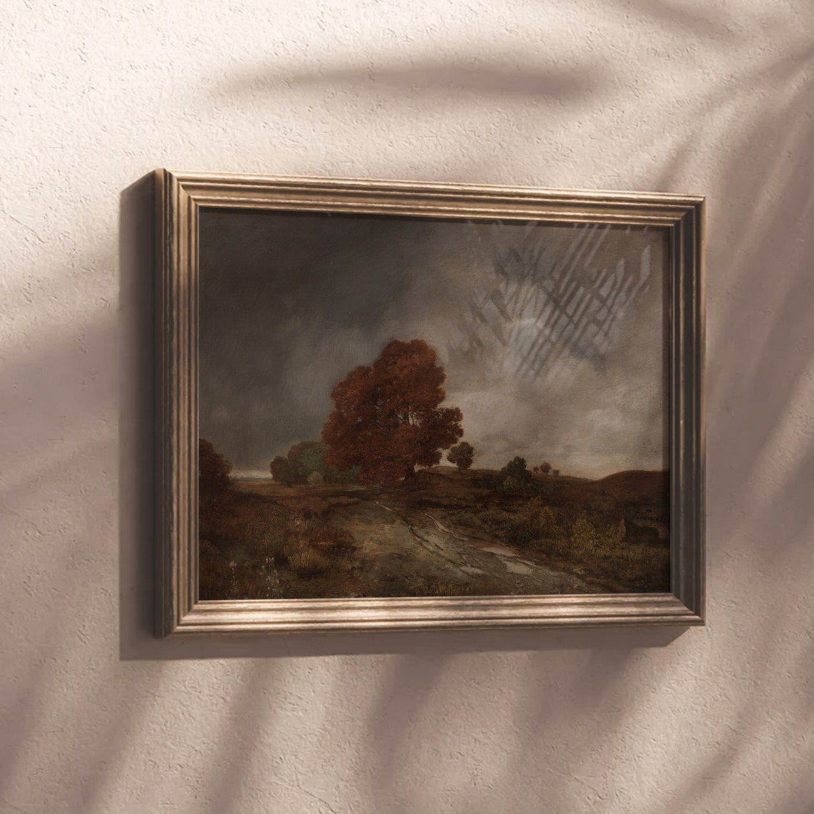 Moody Autumn Forest Path With Red Maple Dark Cloudy Sky Poster - Image 3