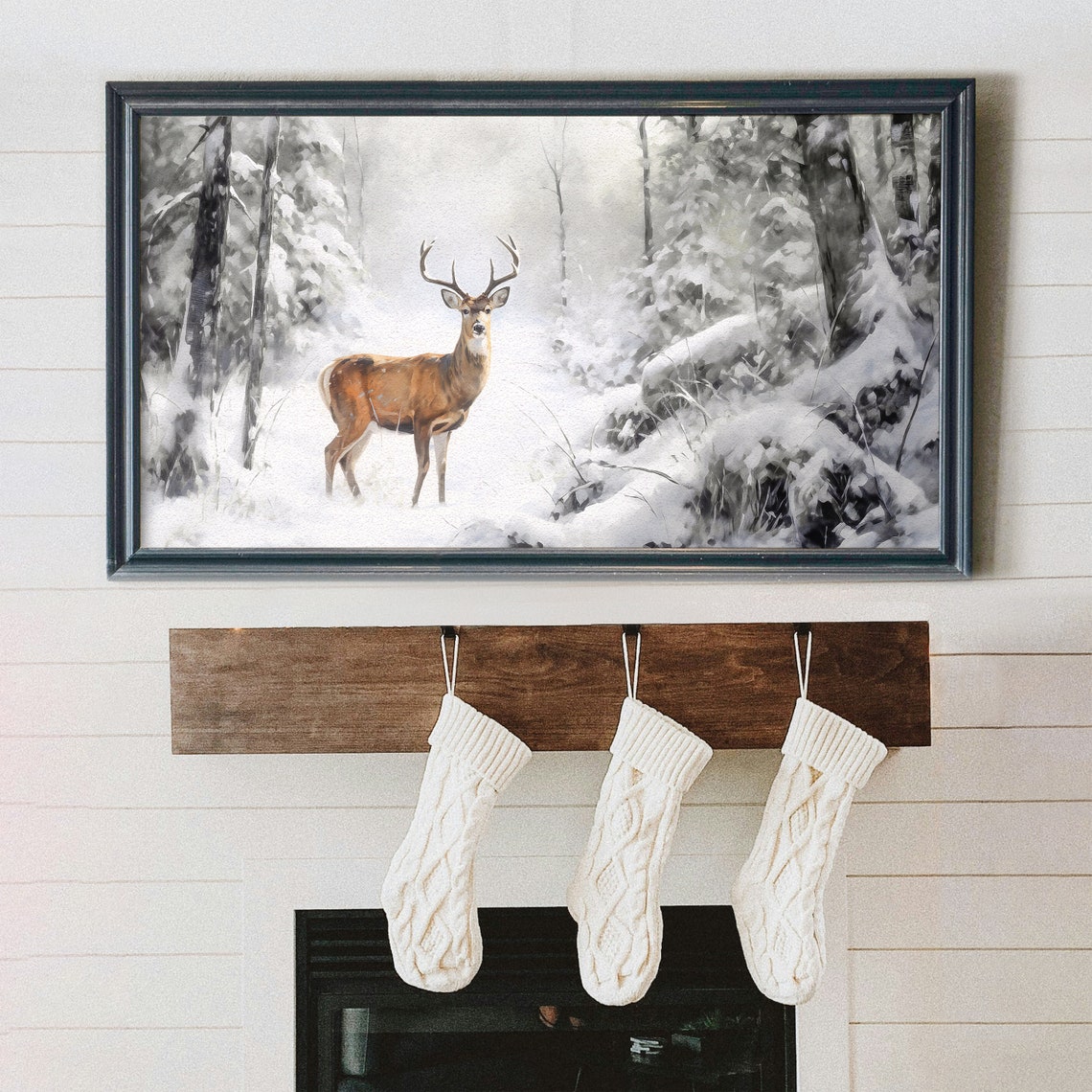 Deer in Snowy Winter Forest Painting Buck with Antlers Art Poster - Image 4